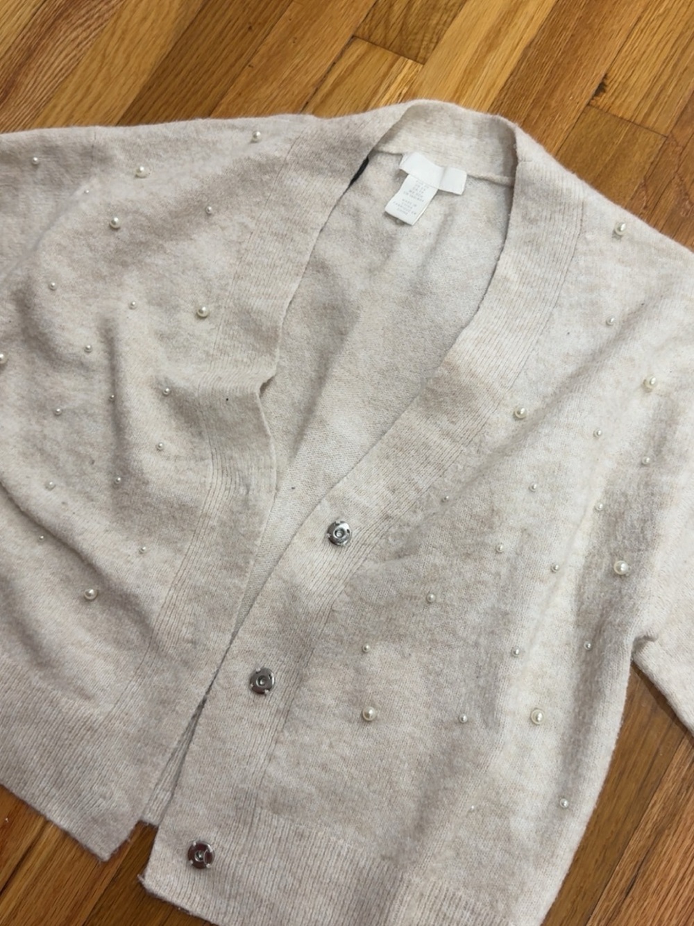 H&M Cream Pearl-Detail V-Neck Cardigan